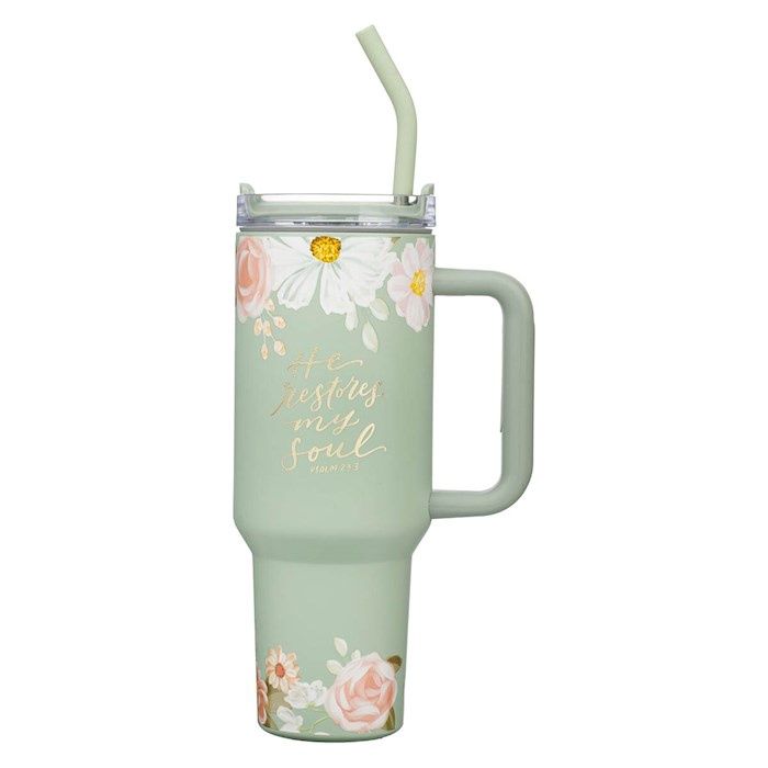Travel Mug-He Restores My Soul W/ Straw (40 Oz) (Stainless Steel)