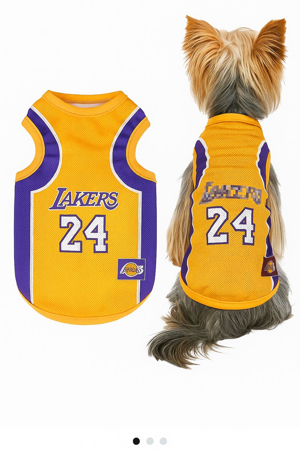 Lakers dog jersey in purple and gold with number 24 Los Angeles basketball pet out for small and medium dogs sporty NBA inspo
