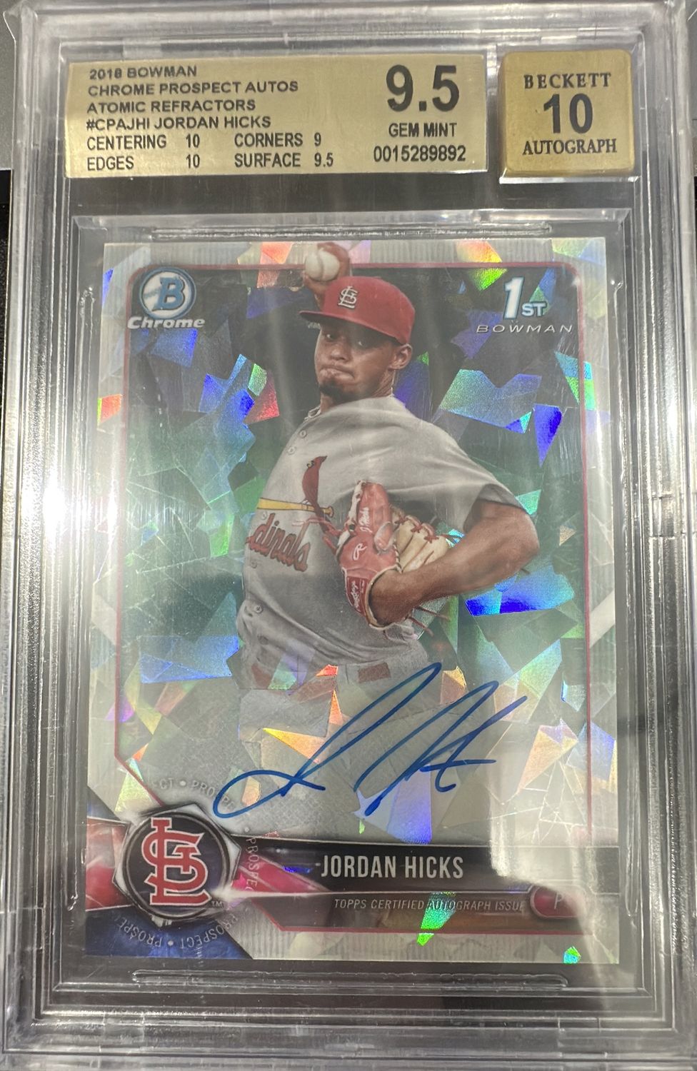 2018 Bowman Chrome Jordan Hicks auto /100 BGS 9.5