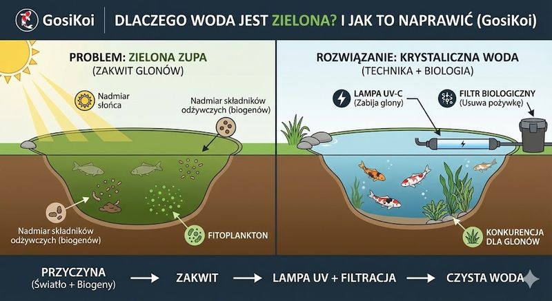 Dlaczego woda w stawie robi się zielona? Skuteczne sposoby na glony