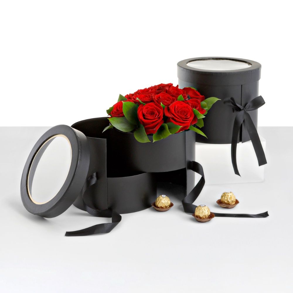 2-tiered Round Shaped Flower/Gift Box, Size 7.8&quot; dia x 6.7&quot;, Plastic Liner, Color: Black