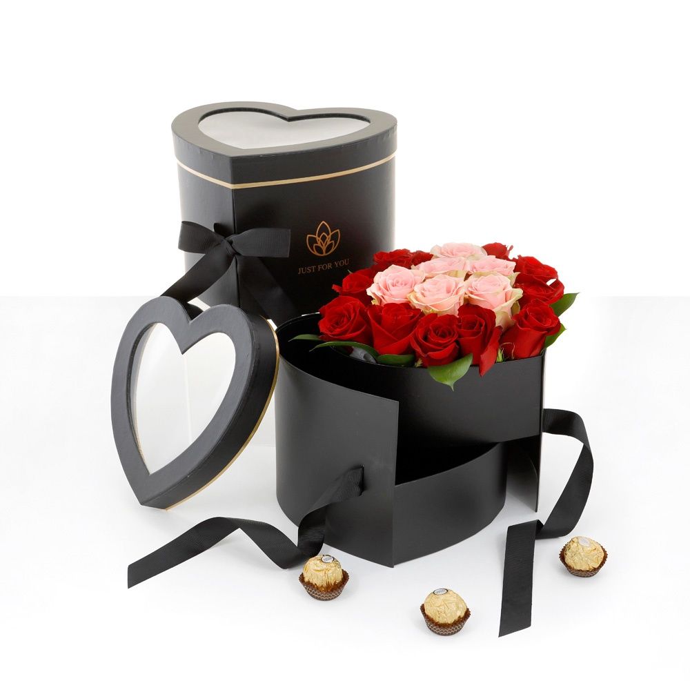 Double Layered Heart Shaped Flower/Gift Boxes with Plastic Liner, Color: Black