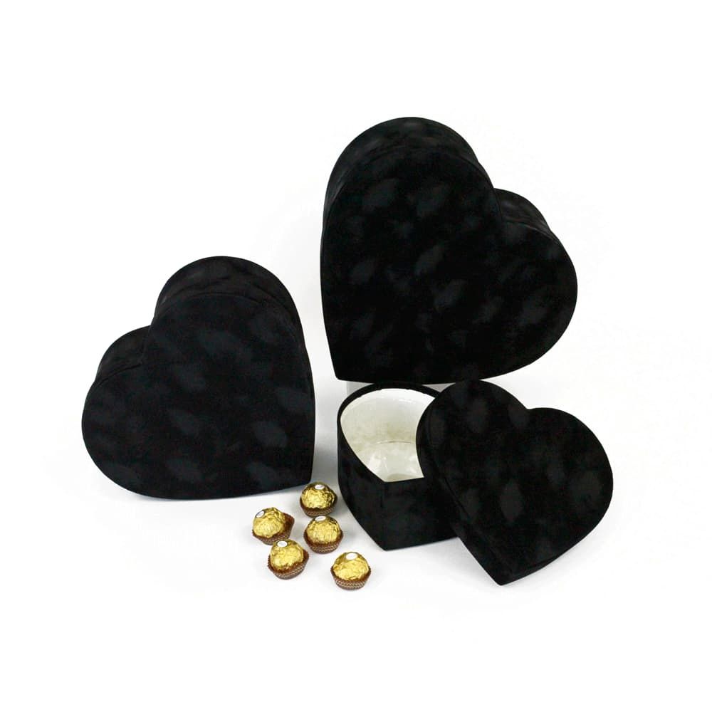 Velvet Set of 3 Heart Shaped Flower Gift Boxes, Color: Black