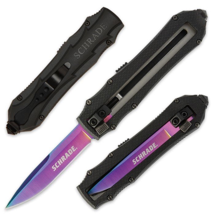 Schrade Extreme First Generation OTF Assisted Opening Pocket Knife - Rainbow Titanium Blade