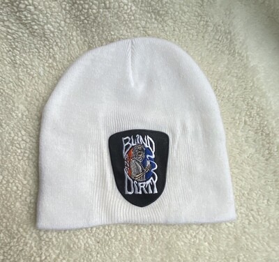 Men’s knit beanie with custom embroidered patch, white