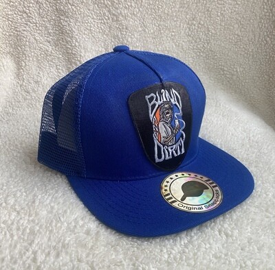 Trucker hat with custom embroidered patch, royal blue