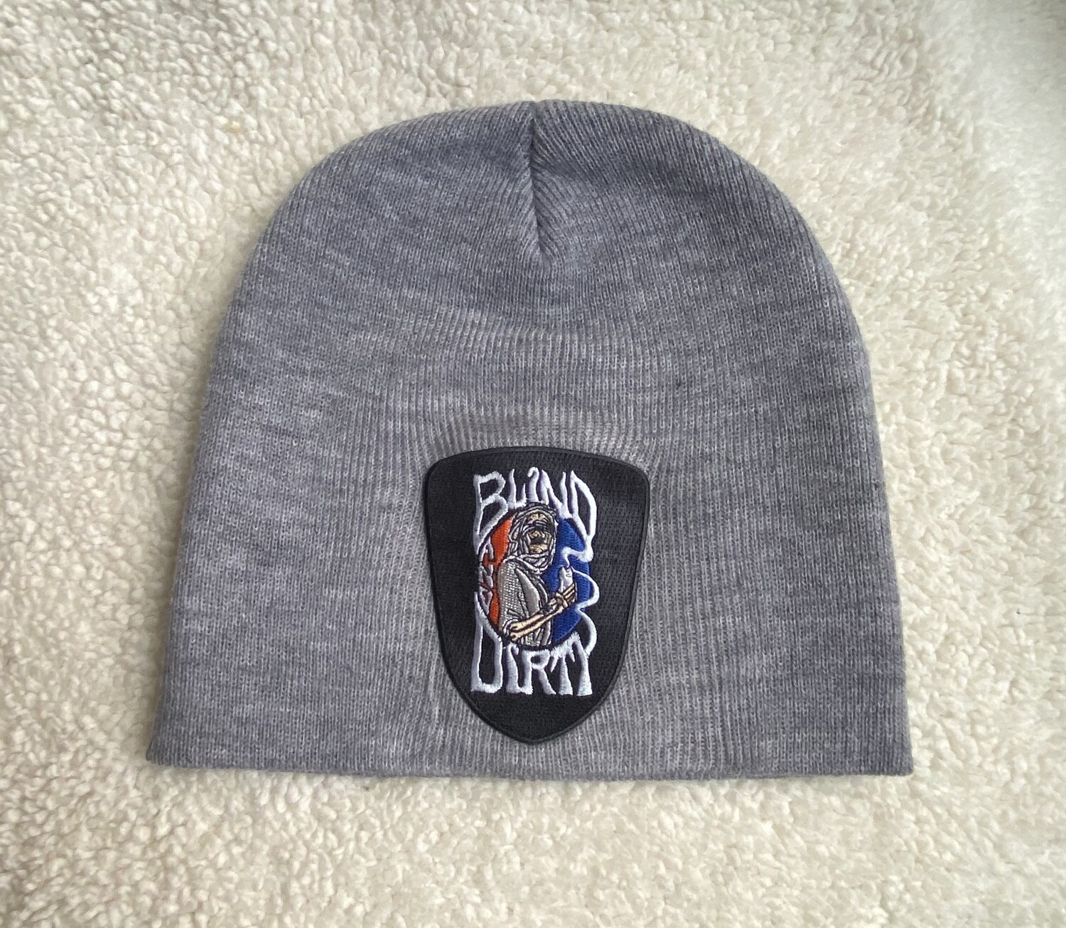 Men’s knit beanie with custom embroidered patch, gray