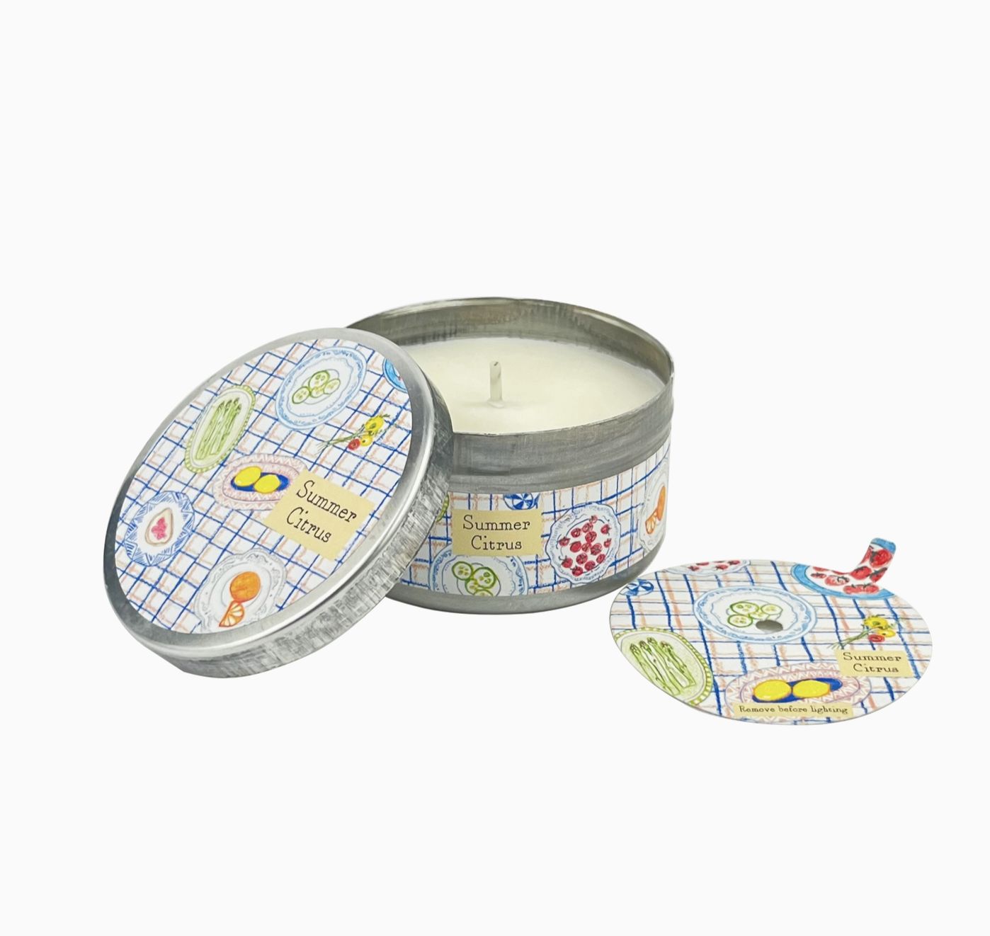 Illustrated 100ml Tin & Dust Cover Candle-Summer Citrus (Limeleaf & Ginger)