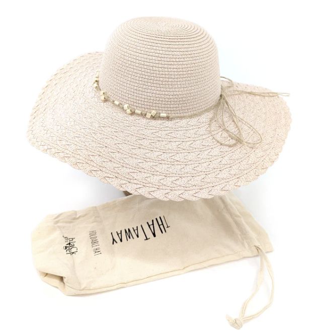 Folding wide brim travel sun hat-pink beaded band