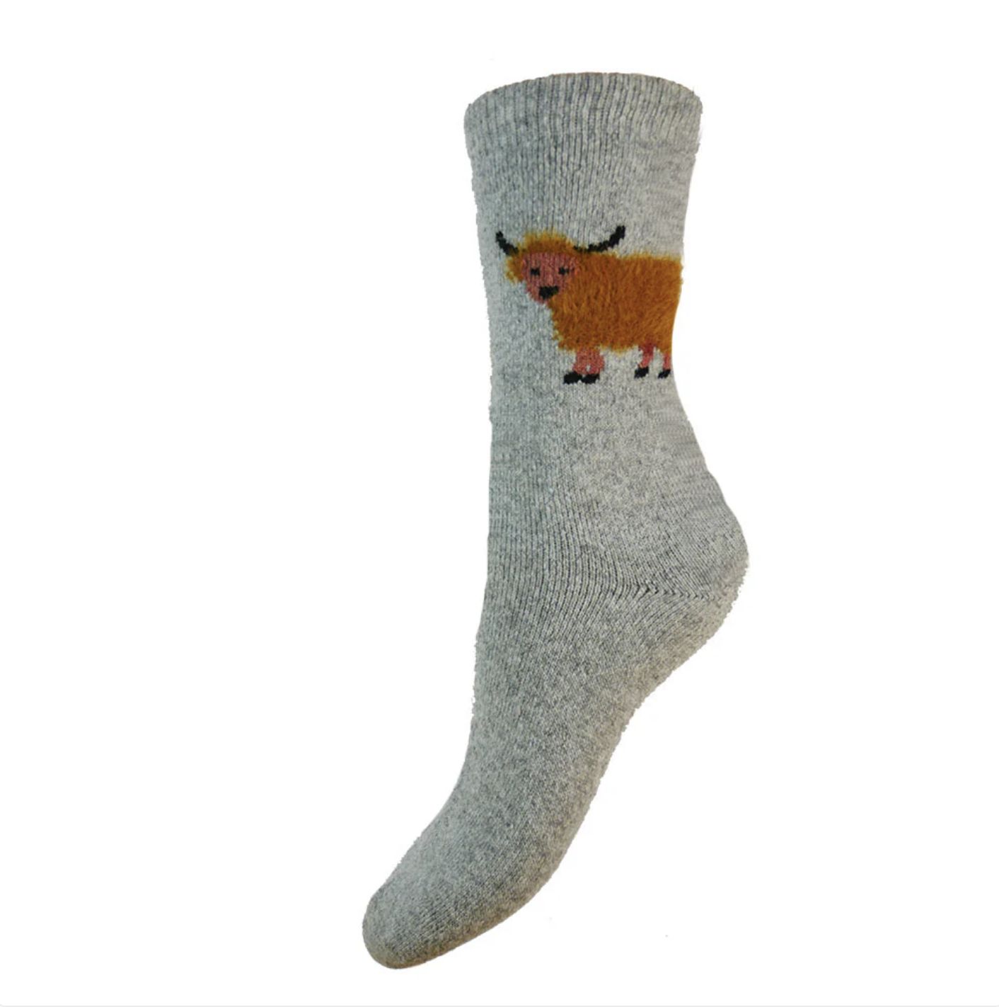 GEMJAR THICK WOOL BLEND GREY SOCKS WITH FLUFFY HIGHLAND COWS