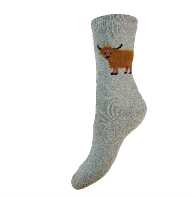GEMJAR THICK WOOL BLEND GREY SOCKS WITH FLUFFY HIGHLAND COWS