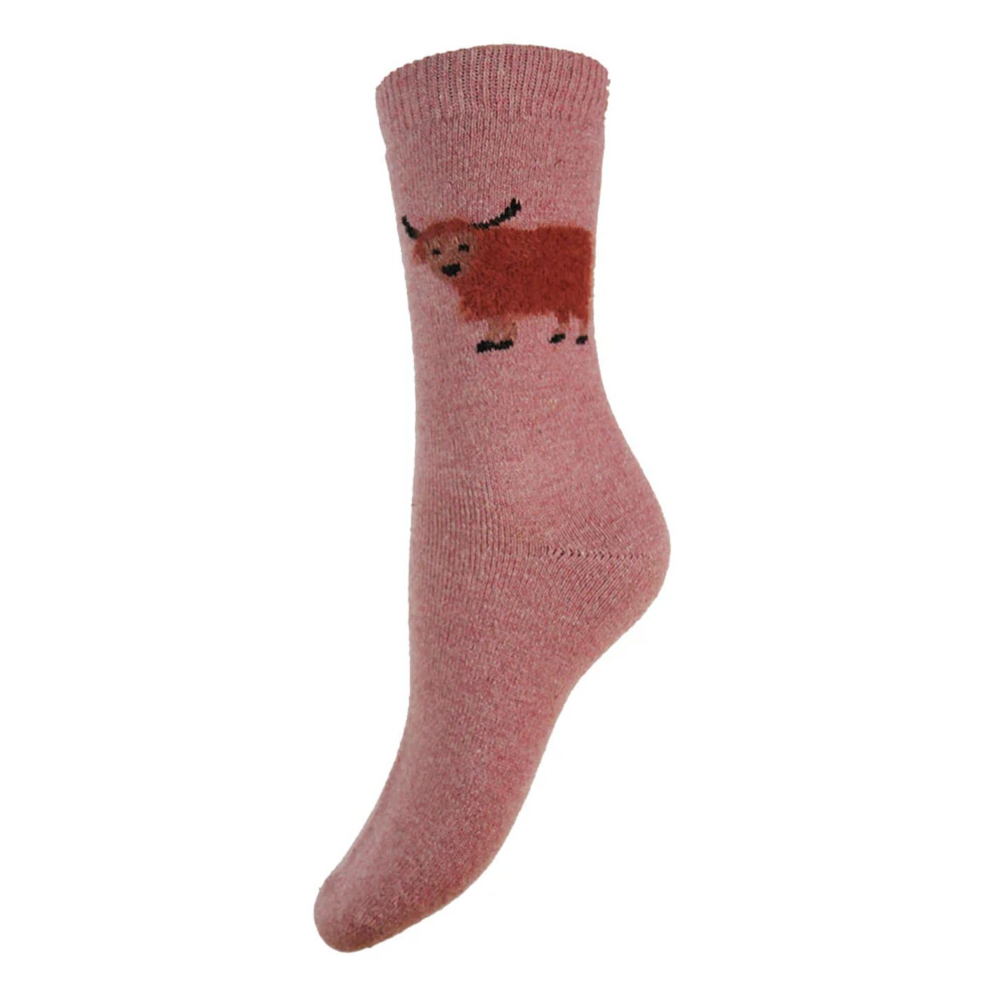 GEMJAR  THICK WOOL BLEND PINK SOCKS WITH FLUFFY HIGHLAND COWS
