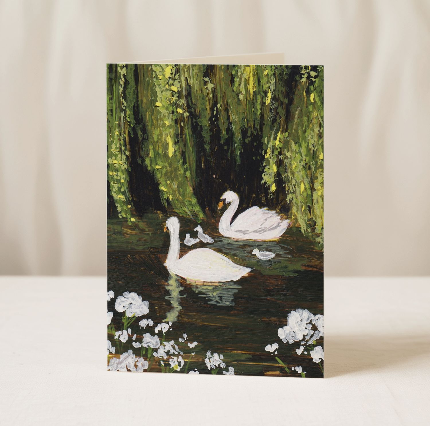 Cottagecore Swans in Willow Tree Blank Greetings Card