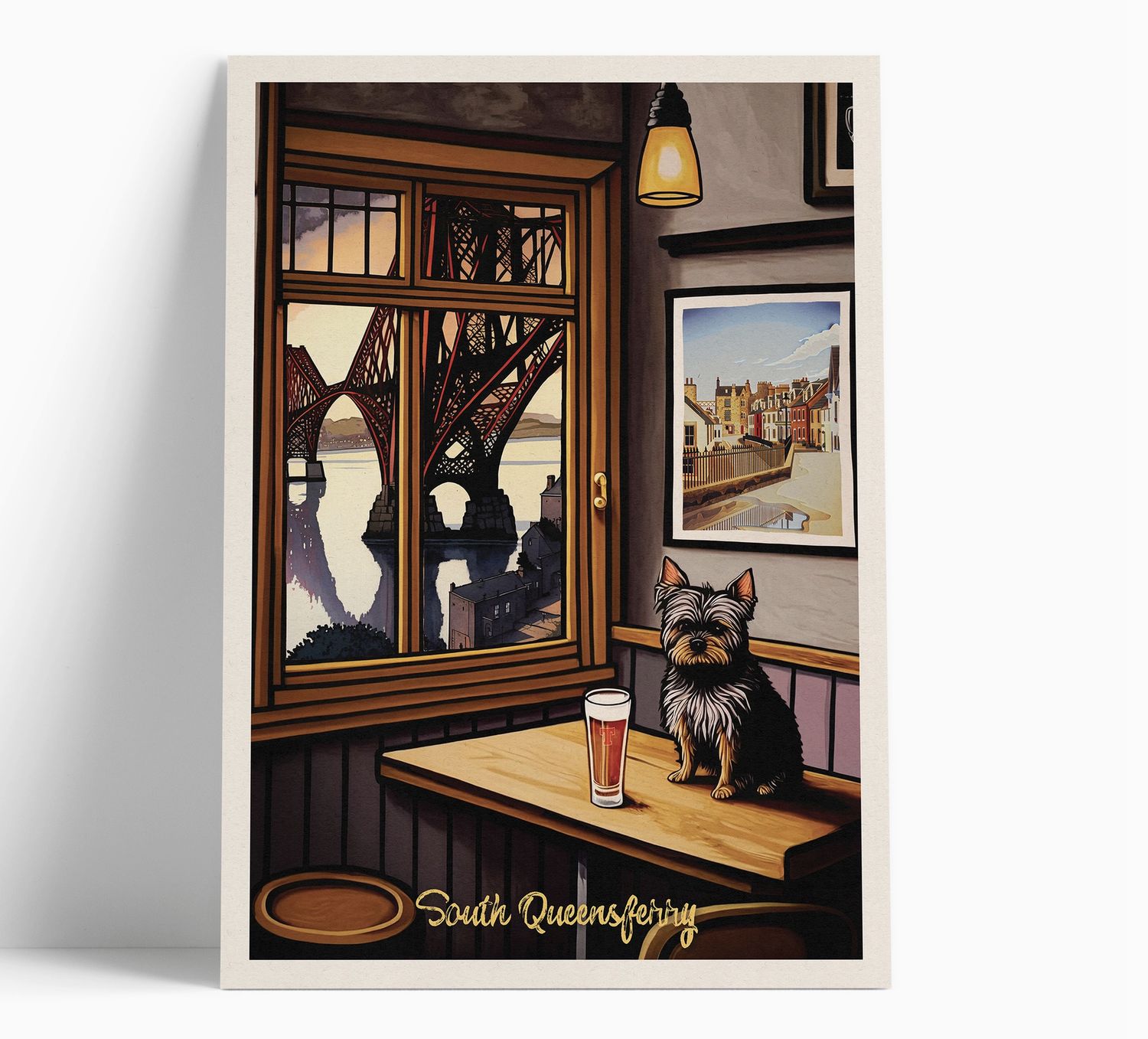 Illustrated print of Scotland - A4 Size, Design & Pattern: South Queensferry Pub with A View of the Forth Bridge