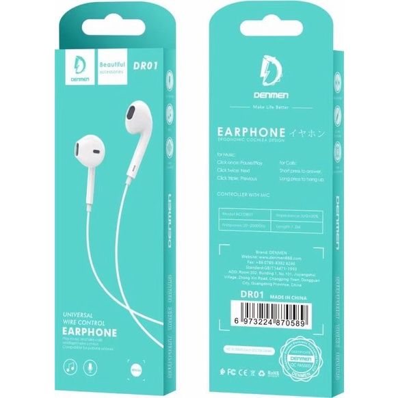 DENMEN DR01 UNIVERSAL WIRE CONTROL EARPHONE-WHITE