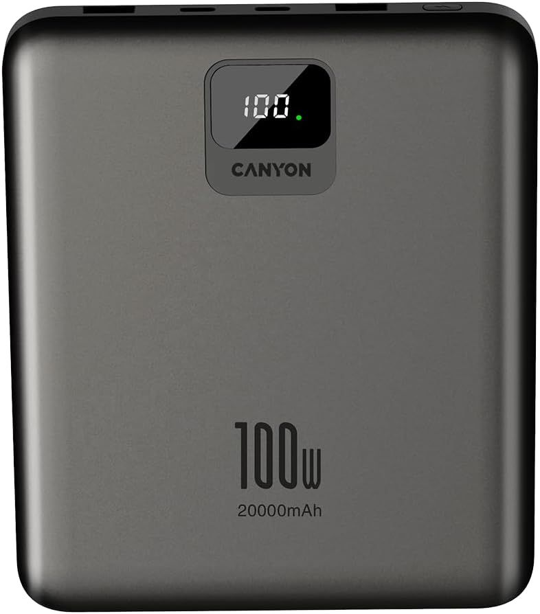 CANYON  |  PB‑2008 LED Flat Power Bank – 20000mAh, PD100W, QC3.0, Dark Grey
