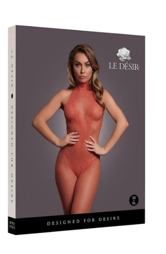 Le Desir Fishnet and Lace Bodystocking - O/S - Sunset Glow Orange