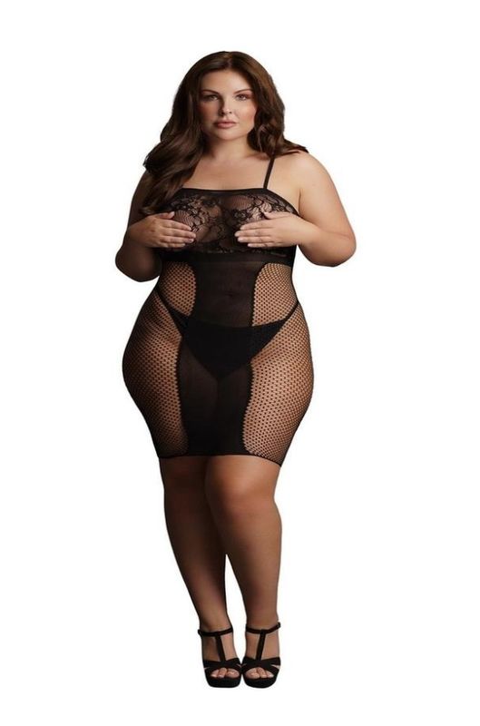 Le Desir Knee-Length Lace and Fishnet Dress - Queen - Black