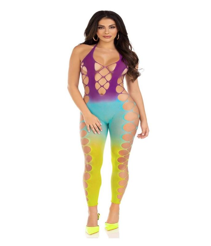 Leg Avenue Seamless Ombre Faux Lace Up Footless Bodystocking - OS - Ocean