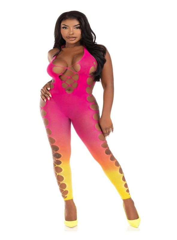 Leg Avenue Seamless Ombre Faux Lace Up Footless Bodystocking - OS - Sunset