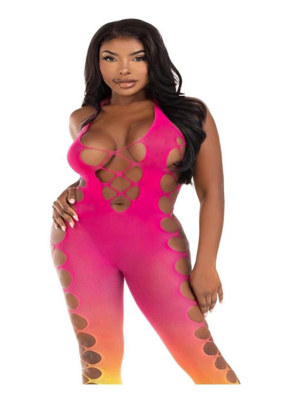 Leg Avenue Seamless Ombre Faux Lace Up Footless Bodystocking - OS - Sunset