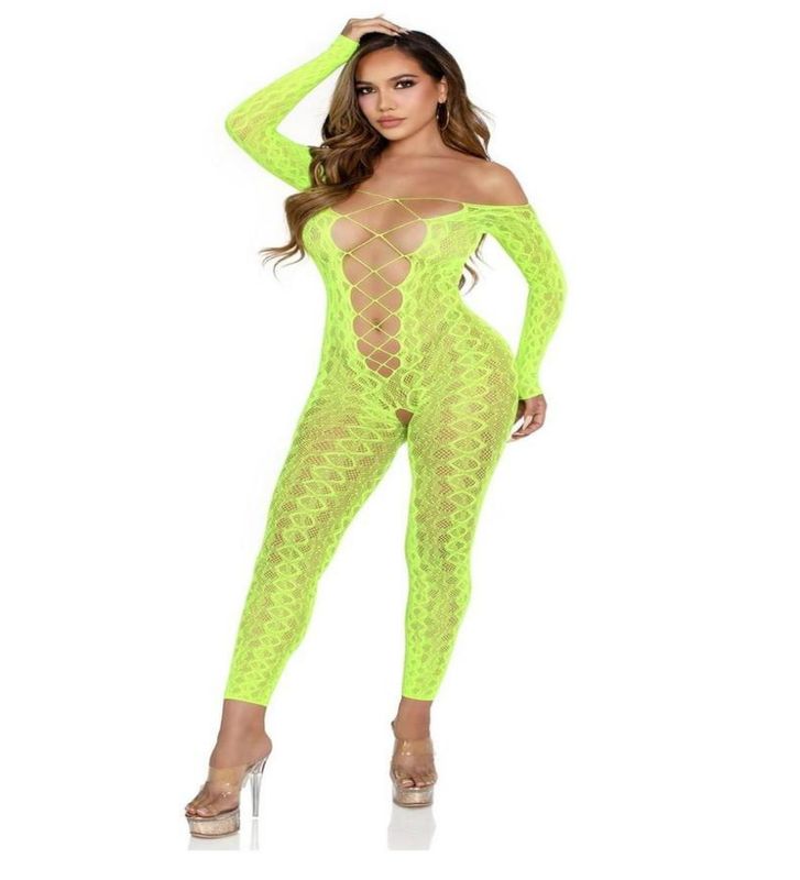 Python Net Footless  Jumpsuit\ Faux Lace - O/S- Neon Green