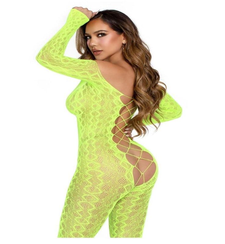 Python Net Footless  Jumpsuit\ Faux Lace - O/S- Neon Green