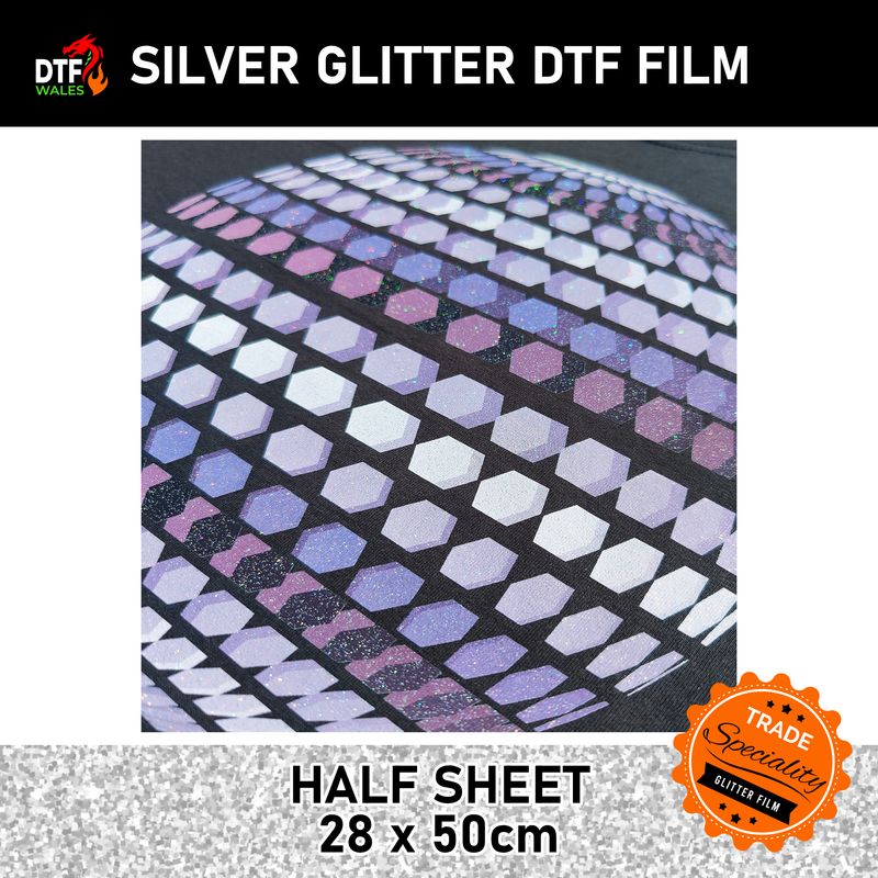 Silver Glitter DTF Transfer Sheets – Premium Speciality Film – (28x50cm) (Half Sheet)