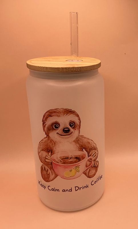 Glas Iced " Faultier Keep Calm " mit Sublimations Veredelung