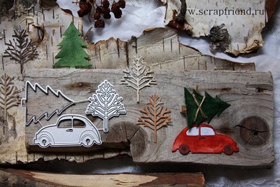 Dies Little Red Car Carrying Christmas Tree, 3 pcs, Scrapfriend