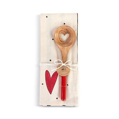Red Heart Towel with Wooded Heart Spoon