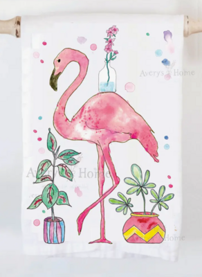 Happy Flamingo with Plants Towel by Avery's Home