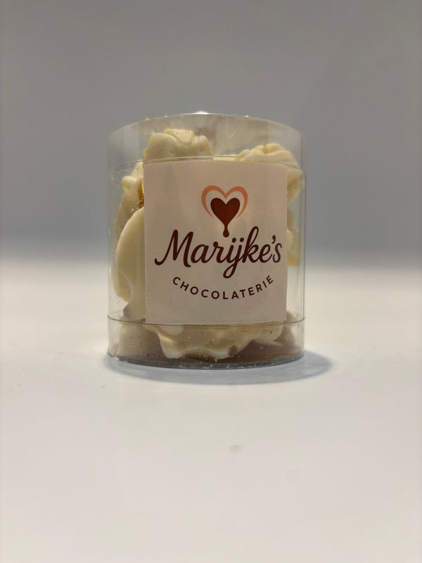 Doosje gevuld met kleine chocolade visjes WIT /100g