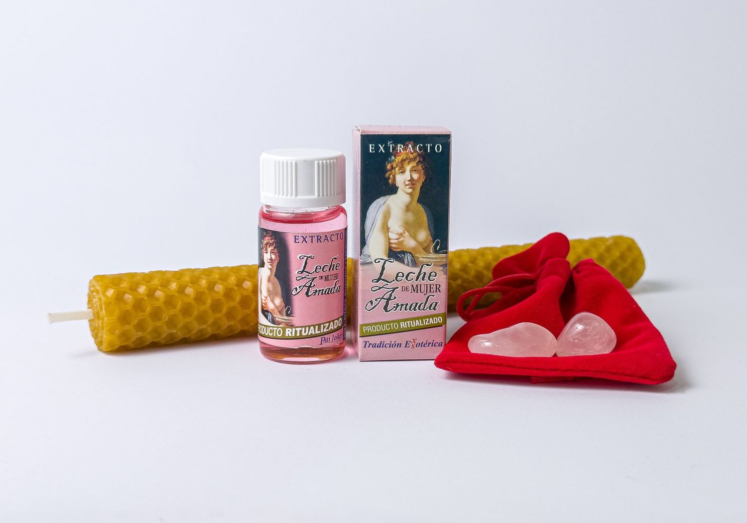 RITUAL  PARA REFORZAR VINCULO INTIMO Y EMOCIONAL (ACEITE EXTRACTO LECHE DE LA MUJER AMADA/VELA MIEL/PIEDRAS