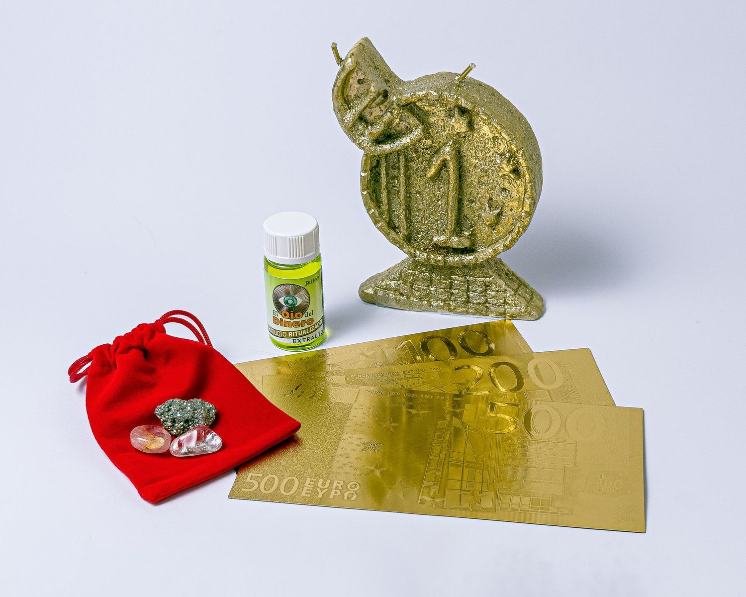 RITUAL COMPLETO DE PROSPERIDAD (ACEITE EXTRACTO OJO DEL DINERO/VELA EURO/BILLETES DORADOS/PIEDRAS)