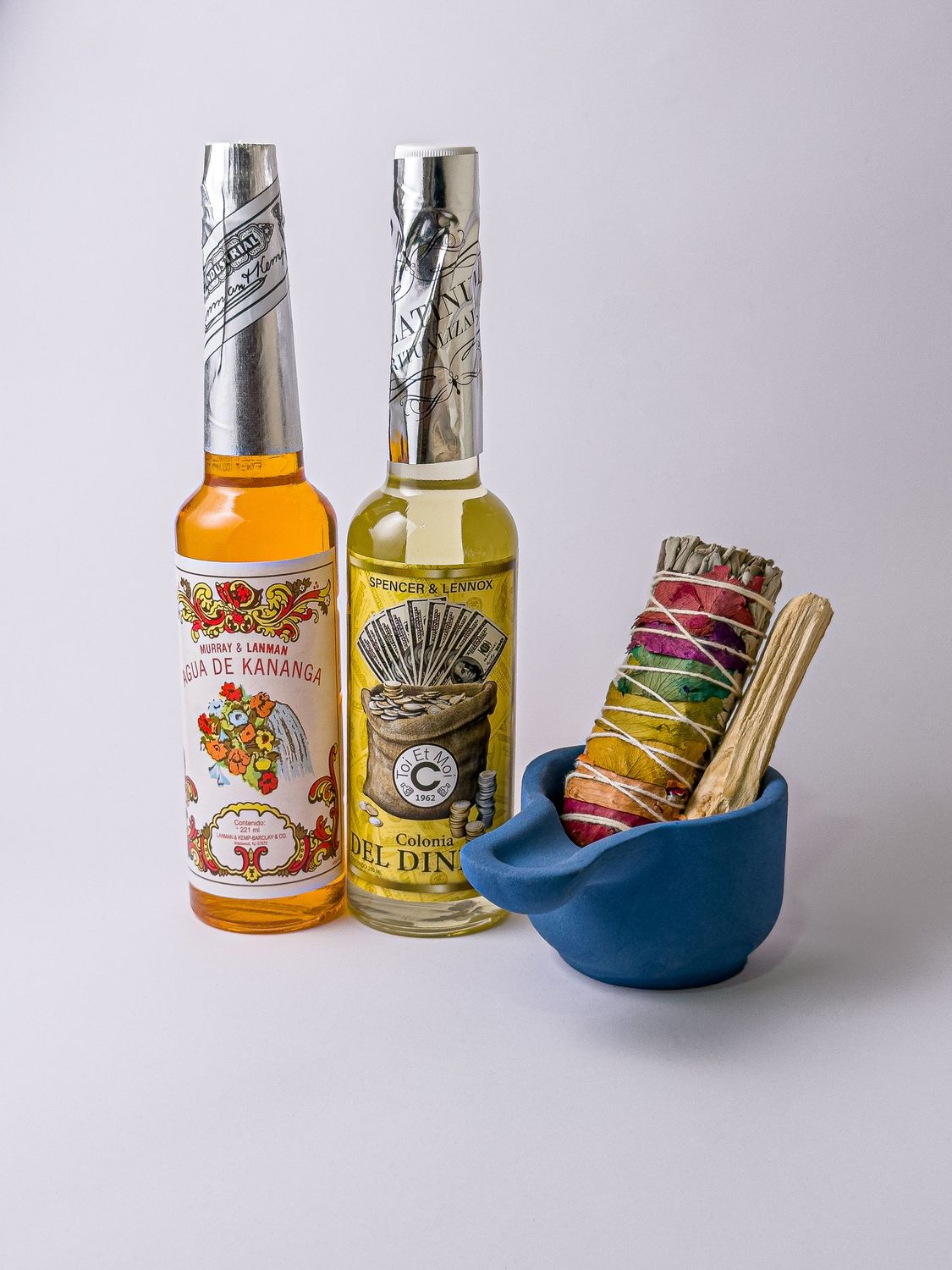 KIT LIMPIEZA PALO SANTO/SALVIA BLANCA CON FLORES /QUEMADOR ARCILLA/AGUA KANANGA-DINERO