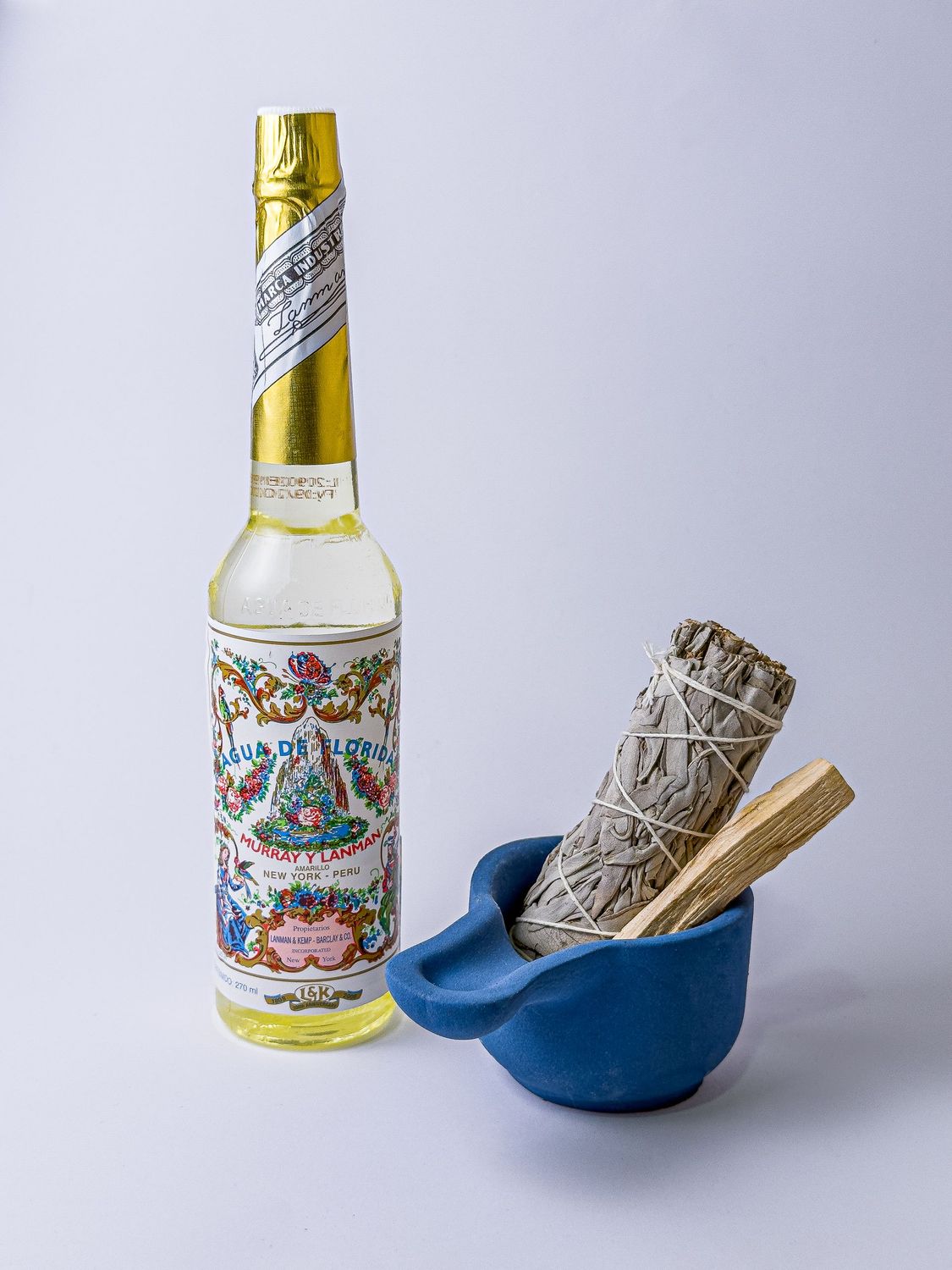 KIT LIMPIEZA PALO SANTO/SALVIA BLANCA CON FLORES /QUEMADOR ARCILLA/AGUA FLORIDA