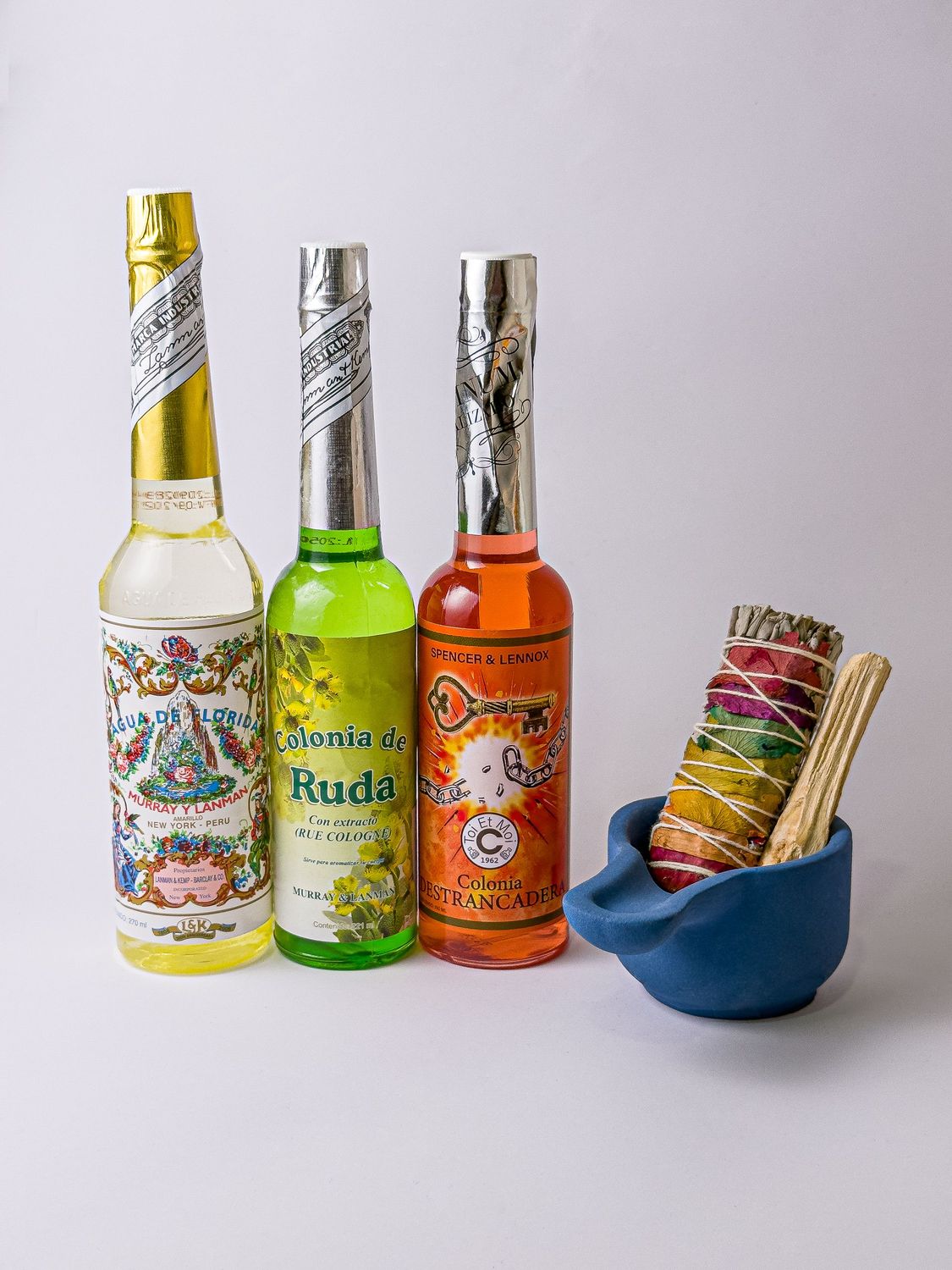 KIT LIMPIEZA PALO SANTO/SALVIA BLANCA CON FLORES /QUEMADOR ARCILLA/AGUA FLORIDA-RUDA-DESTRANCADERA