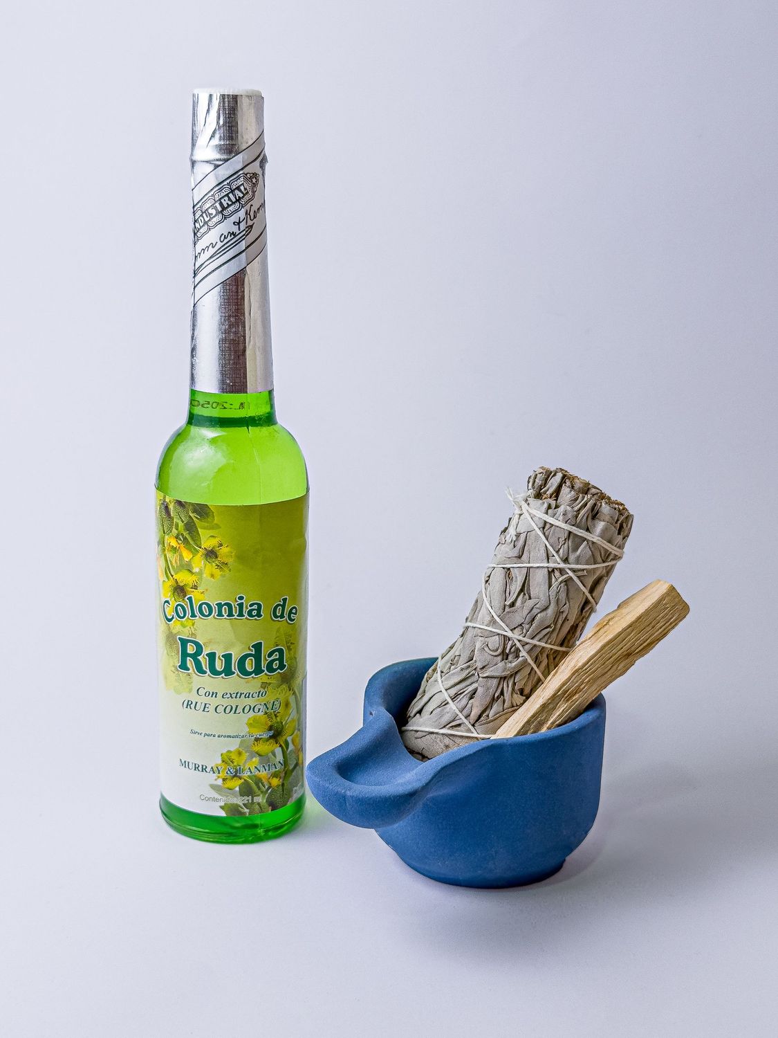 KIT LIMPIEZA PALO SANTO/SALVIA BLANCA CON FLORES /QUEMADOR ARCILLA/AGUA RUDA