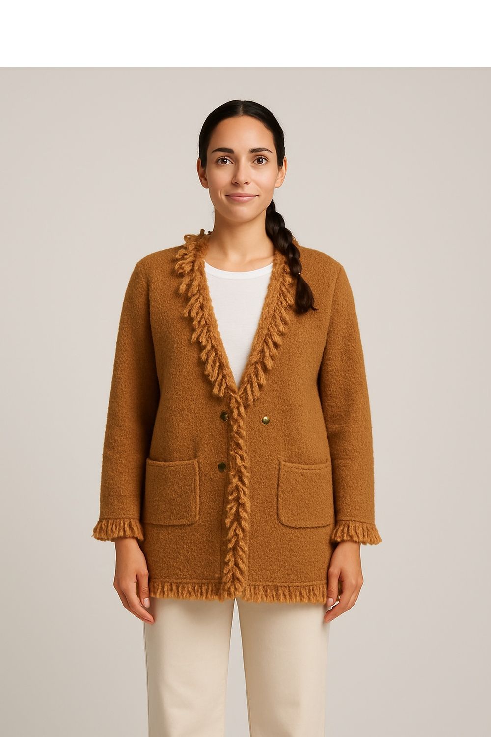 1463227 CARAMEL Fringed Cardigan Coat