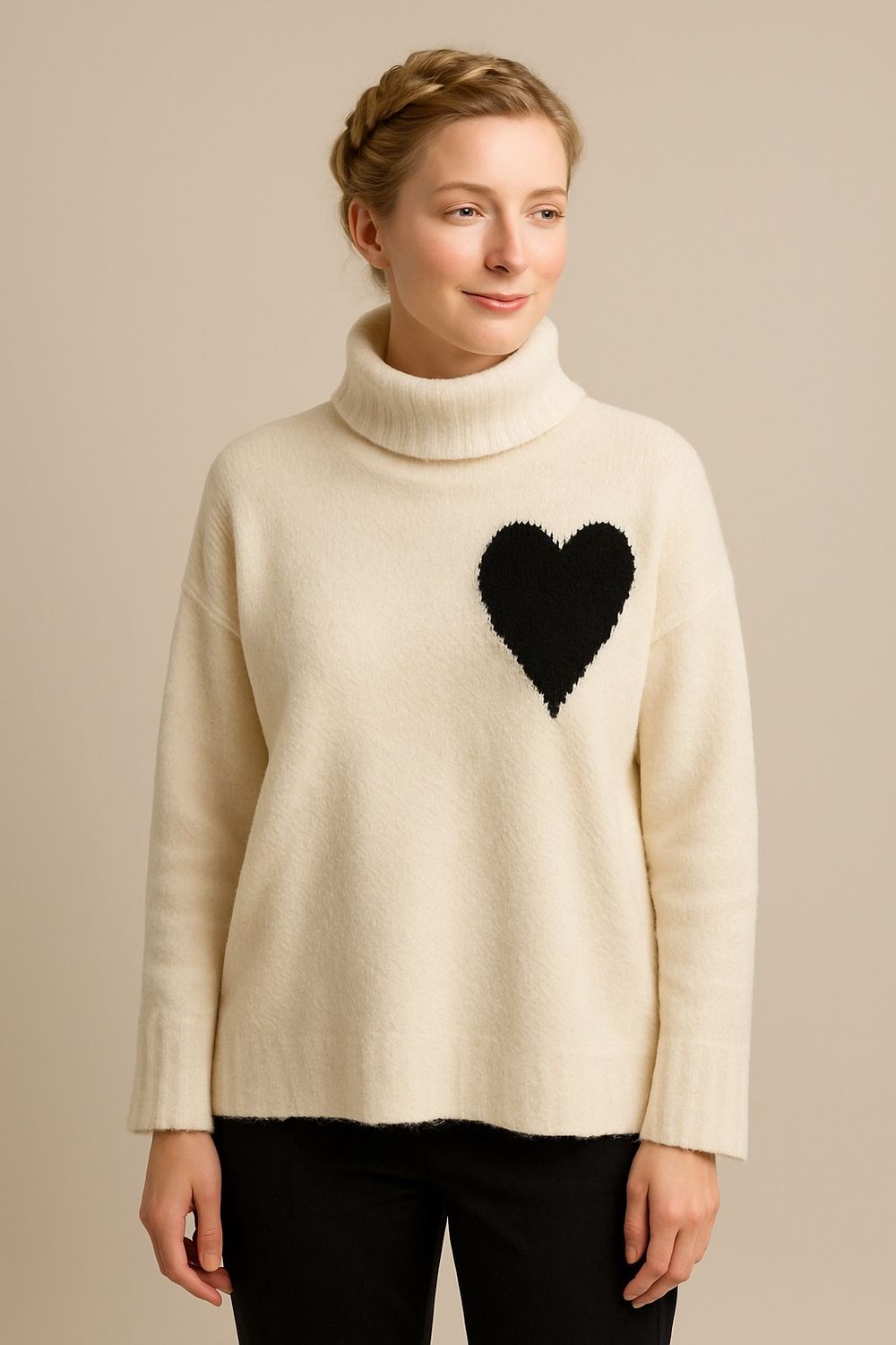 6031O-5131 Cream Drop Shoulder High Collar Intarsia DTL Sweater