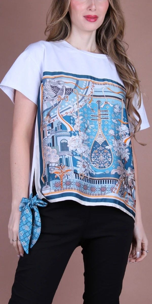 8828LU-WT TEAL LUTE BAND COTTON T-SHIRT W/SILK OVERLAY