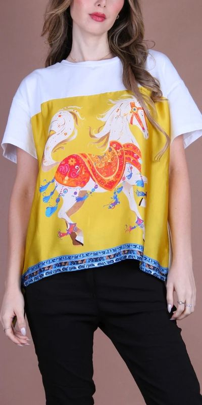 8828PP-WT WHITE COTTON T-SHIRT W/SILK SCARF OVERLAY- PRANCING PONY