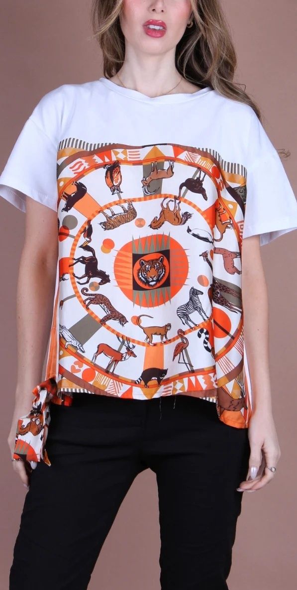 8828SA-WT WHITE SAFARI ANIMALS CIRCLE COTTON T-SHIRT W/SILK SCARF OVERLAY