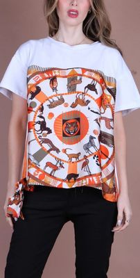 8828SA-WT WHITE SAFARI ANIMALS CIRCLE COTTON T-SHIRT W/SILK SCARF OVERLAY