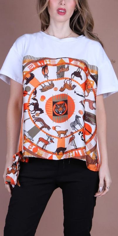 8828SA-WT WHITE SAFARI ANIMALS CIRCLE COTTON T-SHIRT W/SILK SCARF OVERLAY