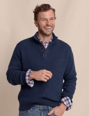 Heather Dress Blue M LS Bass Creek Quarter Button Sweater