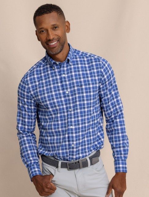 Surf Blue M LS IC River Ridge Plaid Sportshirt