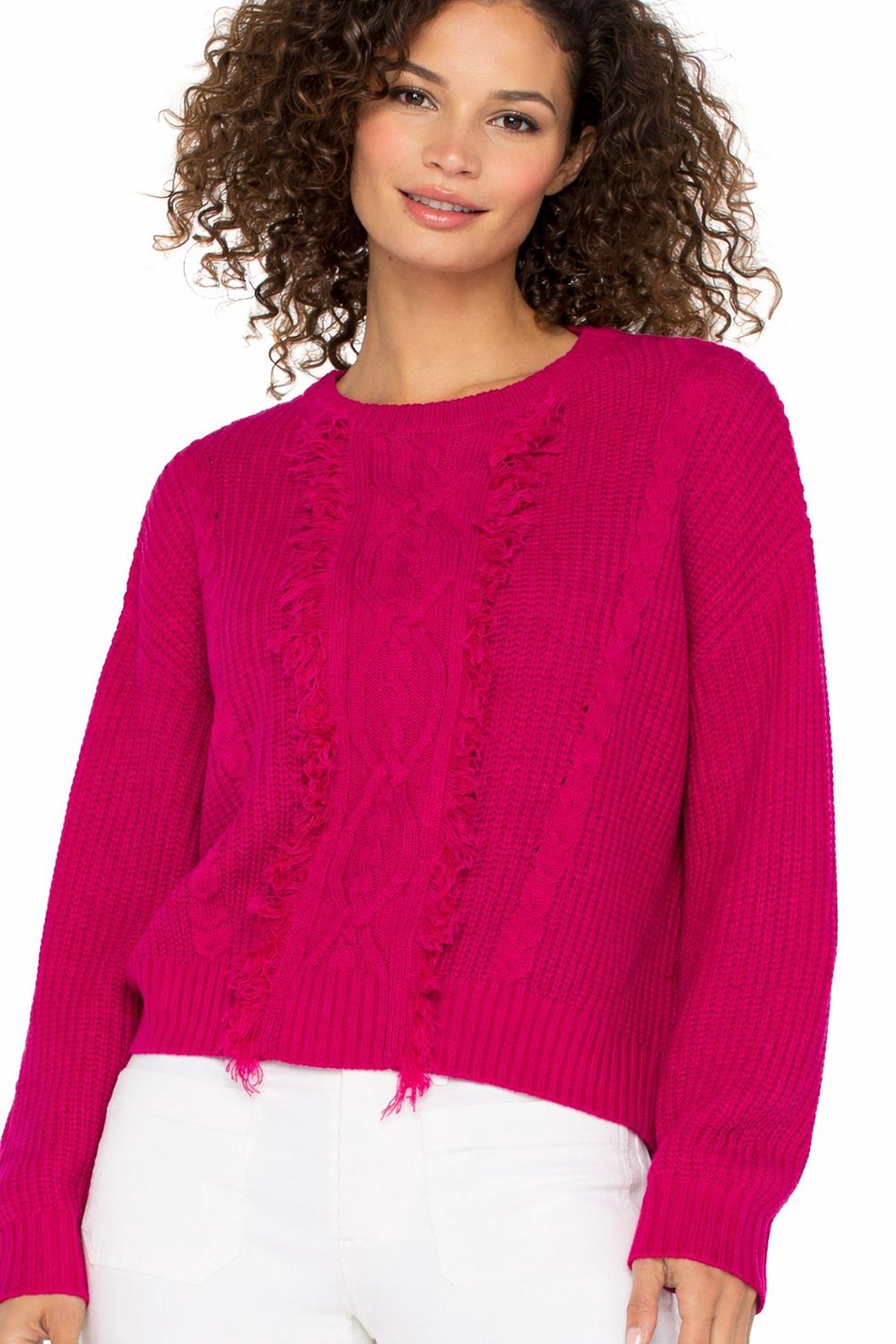 LM8H50SR21 Long Slv Mock Neck SWTR w/Fringe DP Raspberry