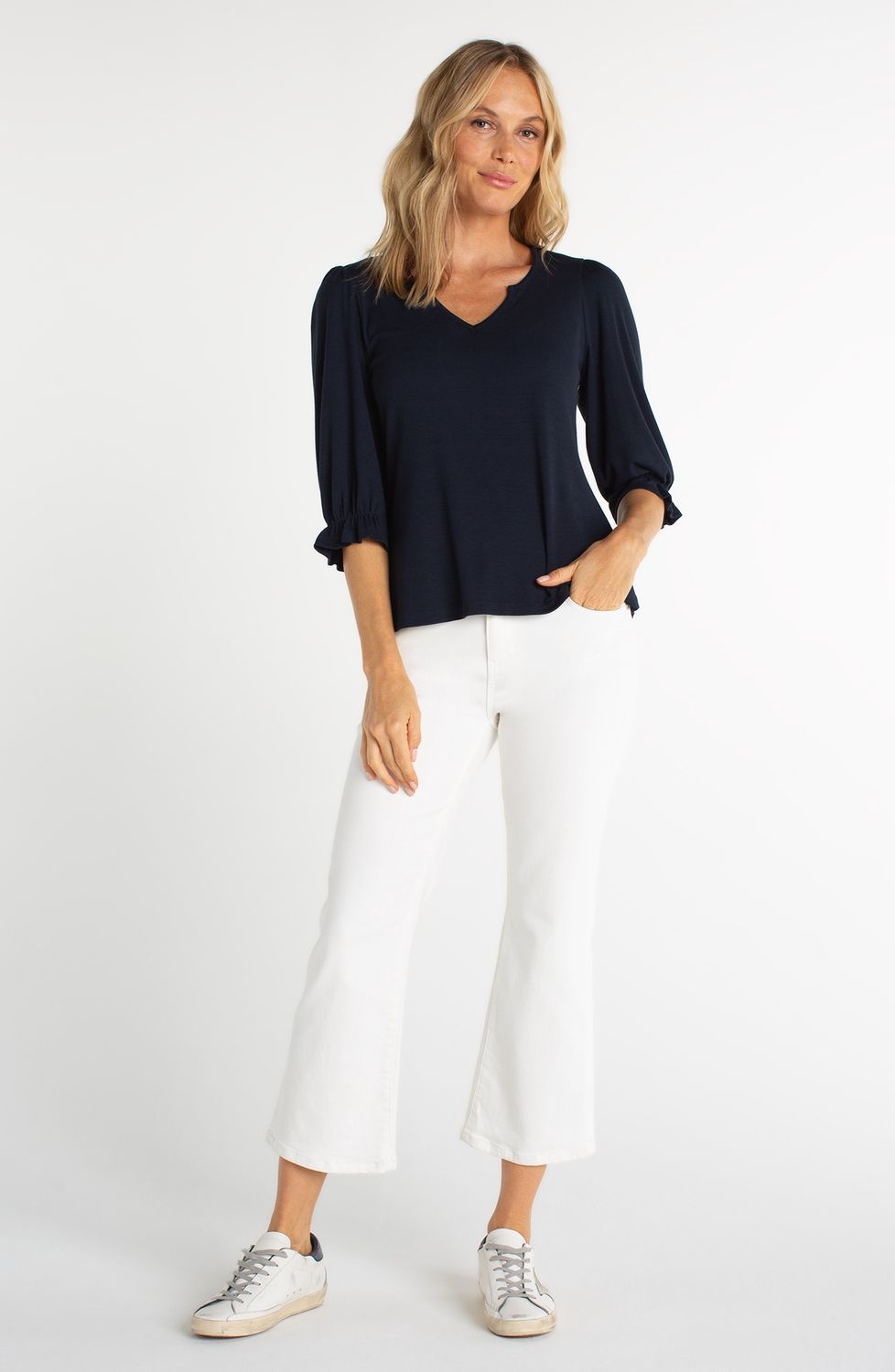 elbow sleeve notch knit tee, Colour: dark navy, Size: XS